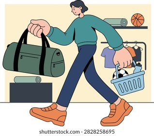 A flat vector illustration of a person walking while carrying a gym bag and a shopping basket filled with sports equipment and a water bottle.