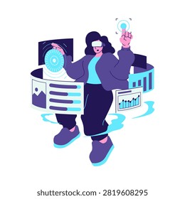 A flat vector illustration of a person wearing a VR headset interacting with floating digital dashboards charts and data visualizations in a modern tech environment