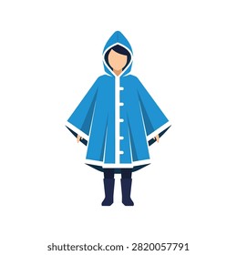 A flat vector illustration of a person wearing a bright blue hooded raincoat or poncho with white trim and dark rubber boots. The character is depicted in a minimalist style without facial features, standing against a clean white background, representing weather protection and seasonal clothing.