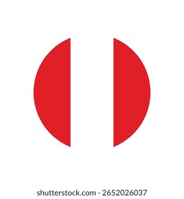 Ilustração vetorial plana da bandeira nacional do Peru em formato de ícone circular com listras verticais vermelhas e brancas, ideal para web, aplicativos e design gráfico