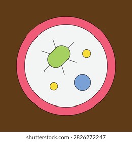 A flat vector illustration of a petri dish containing various colorful microorganisms, bacteria, and cells on a dark brown background.