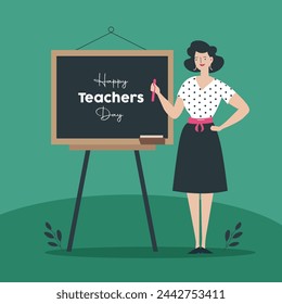 Flat vector illustration pf a teacher standing in front of a large banner and giving a presentation.