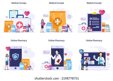 flat vector illustration pharmacy and medical concept, aid, healthcare, drugstore, medicine.