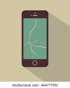 Flat vector illustration of phone with cracked screen and shadow.