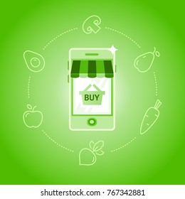 Flat vector illustration of phone screen with order button and a basket icon, fresh vegetables and fruits. Online food ordering from supermarket. Grocery shop mobile app