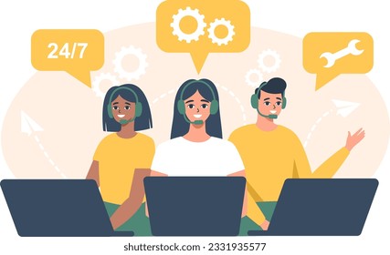 Flat vector illustration. Phone support service, online support service. Call Center is open 24 hours a day and 7 days a week. Women and men working at their laptops. Vector illustration