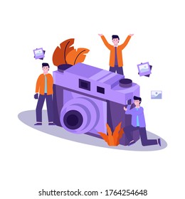Flat vector illustration of photographer prepares equipment and takes a photo of the model professionally for landing page, ui, mobile app and website