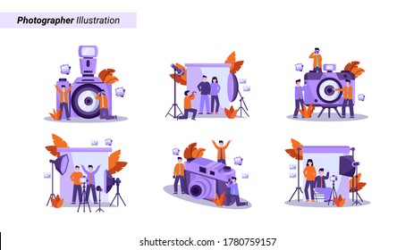 Flat vector illustration of photographer prepares equipment and takes a photo of the model professionally for landing page, ui, mobile app and 