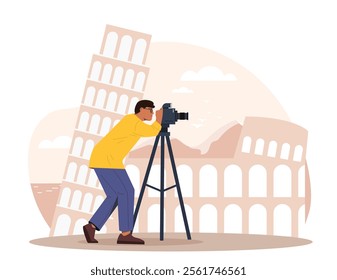 Flat vector illustration of a photographer taking a picture of a historical landmark with a camera on a tripod. Concept of travel, photography, architecture, and cultural exploration