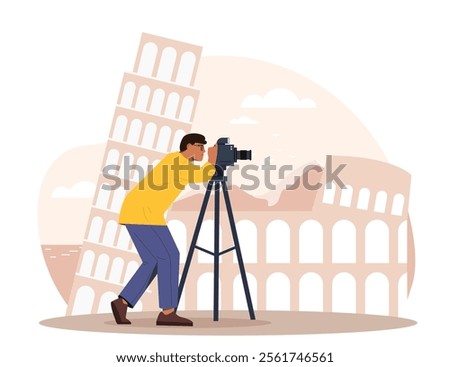 Flat vector illustration of a photographer taking a picture of a historical landmark with a camera on a tripod. Concept of travel, photography, architecture, and cultural exploration