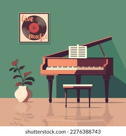 Flat vector illustration of a piano in the green room