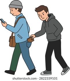 Flat vector illustration of a pickpocket stealing a wallet from an unaware pedestrian, representing theft, street crime, personal security, and crime prevention awareness.