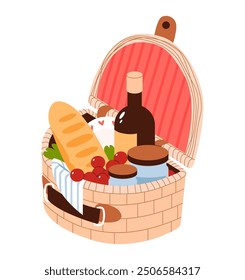 Flat vector illustration of a picnic basket filled with baguette, wine, and flowers. Wicker basket with fresh vegetables, bread, and a towel.