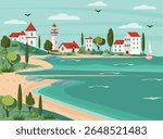 Flat vector illustration of a picturesque Mediterranean seaside village with traditional white houses, red tiled roofs, lighthouse, sailing boat, green hills, turquoise sea. Cartoon-style landscape