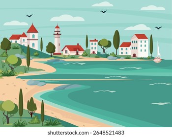 Ilustração vetor plana de uma pitoresca aldeia à beira-mar mediterrânea com casas brancas tradicionais, telhados de azulejos vermelhos, farol, barco à vela, colinas verdes, mar turquesa. Paisagem de desenhos animados