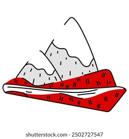 flat vector illustration of a piece of Canadian landscape with mountain peaks, a river flowing through a valley, and a field painted in red and white with black outline. Elements of Canada. Canada Day