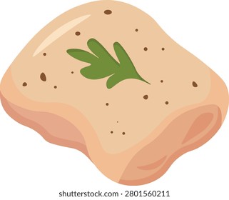 Flat vector illustration of a piece of raw chicken breast fillet seasoned with spices and a herb leaf