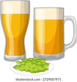Flat vector illustration of a pilsner glass, beer mug, and green soybeans on white