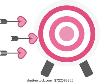 Ilustração de vetor plano de um alvo de arco rosa com setas em forma de coração atingindo o alvo.