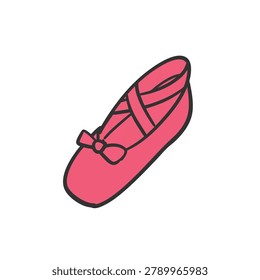 A flat vector illustration of a pink ballet slipper with a small bow and crisscross straps on a plain white background