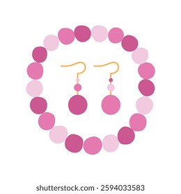 Flat vector illustration of pink beaded necklace and matching earrings on white background