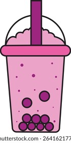 Flat Vector Illustration of Pink Bubble Tea Drink with Tapioca Pearls and Straw for Cafe Menu and Beverage Icon Design