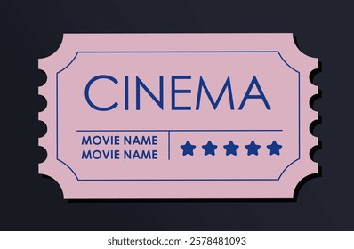 Flat vector illustration of a pink cinema ticket with blue text and star ratings on a dark background. Concept of movie night, entertainment, or film events