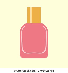 A flat vector illustration of a pink cosmetic bottle featuring a gold cap set against a soft yellow background for beauty and fashion concepts.
