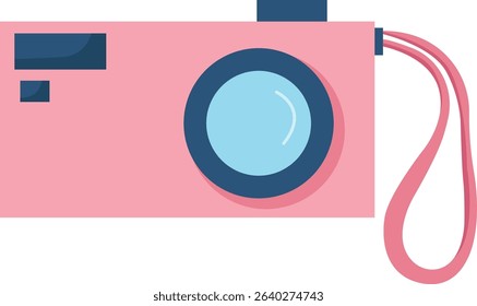 Flat Vector Illustration of a Pink Digital Camera with Wrist Strap – Summer Travel, Vacation Photography Equipment Icon