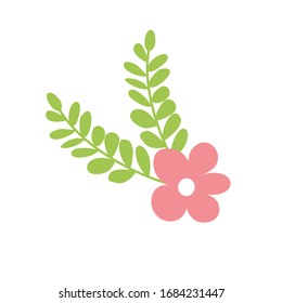 Flat vector illustration of pink flower with leaves. Flower icon. 