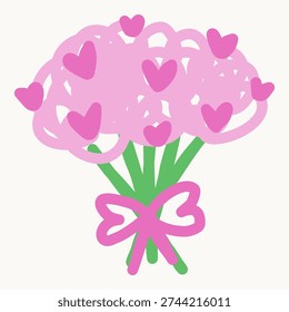 Flat vector illustration of pink flower bouquet arranged in heart shape and tied with ribbon bow on light background.