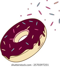 Flat vector illustration of a pink frosted donut topped with vibrant sprinkles, perfect for food-related projects, menus, and playful design themes. Ideal for websites, blogs, or creative stock image 