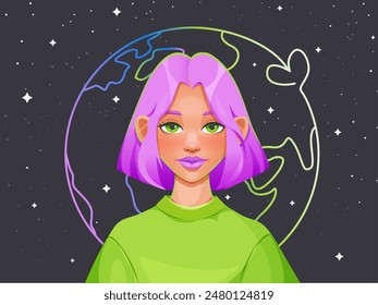 Flat vector illustration with pink hair smiling girl. Planet Earth and cosmos backgrounf . Concept of eco friendly person. Planet lover. Cosmic girl.