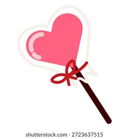 Ilustración vectorial plana de una piruleta rosa en forma de corazón en una envoltura transparente con un lazo rojo, ideal para el día de San Valentín, golosinas dulces y Diseños gráficos románticos de vacaciones aislados en blanco.
