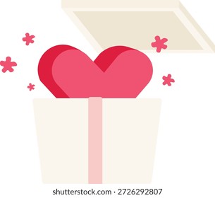 Una Ilustración vectorial plana de un corazón rosa que sale de una caja de regalo blanca con una cinta rosa. La caja abierta está rodeada de Pequeños destellos rosados o Formas de flores sobre un fondo blanco liso.
