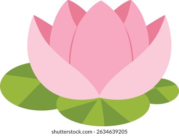 Ilustração vetor plana de uma flor de lótus rosa florescendo com almofadas de lírio verde. Ideal para plantas aquáticas e temas de design pacífico.