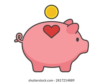A flat vector illustration of a pink piggy bank featuring a red heart symbol and a gold coin being inserted, representing savings