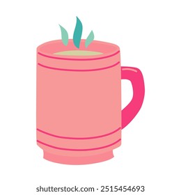 Flat vector illustration of a pink square cup with warm liquid. Blue, pink, yellow colors. An elongated glass with a pink handle with blue steam and yellow liquid insulated element on white