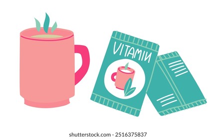 Flat vector illustration of a pink square cup with warm liquid. Blue drinking bags. An elongated glass with a pink handle with a blue element isolated from steam and yellow liquid on white background