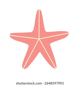 Flat vector illustration of a pink starfish featuring white lines from center to arms. For summer, tropical, marine, vacation, beach, sea, ocean design. Isolated white background. Hand drawn.