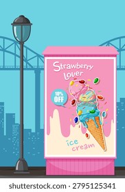 Flat vector illustration of a pink street billboard promoting ice cream against a cityscape