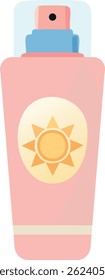 A flat vector illustration of a pink sunscreen bottle with a sun symbol, ideal for summer design themes, vacation visuals, and skincare content.