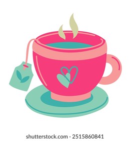 Flat vector illustration of a pink tea cup with a plate, with drawings of a heart and a tea bag. Blue, pink colors. Tea bag is depicted as a rectangle hanging on the edge of the cup, descending from