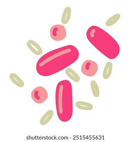 Ilustração vetorial plana com micróbios rosa e amarelo, vírus, bactérias isoladas em um fundo branco. O vírus é representado em um estilo de ilustração com corpos ovais em um grupo. Ponto e linha