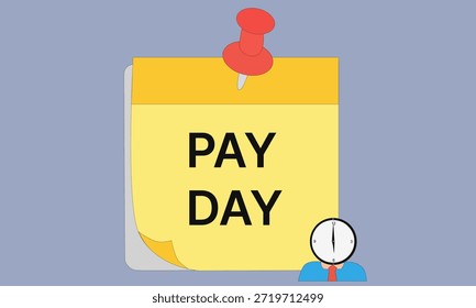 Ilustración vectorial plana de una nota de día de pago fijada con un ícono de reloj, que representa plazos, recordatorios de salarios y conceptos de gestión de tiempo.