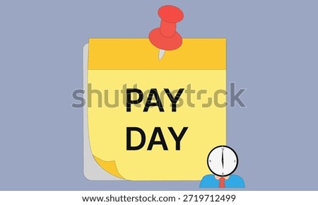 Flat vector illustration of a pinned payday note with a clock icon, representing deadlines, salary reminders, and time management concepts.