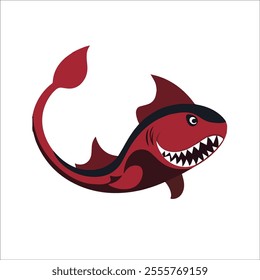 Flat vector illustration of a piranha with bold red body, sharp exaggerated teeth, sleek, asymmetrical shape, minimalistic design, modern aesthetic