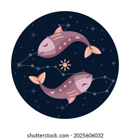 Flat vector illustration of pisces zodiac sign with stars and constellation