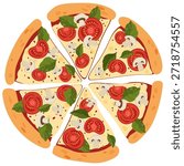 Flat vector illustration of pizza slices arranged in a circular shape in top view with tomatoes, mushrooms, basil leaves and melted cheese. Bright and balanced food illustration suitable for restaurant menus, pizzeria branding, food delivery apps, packaging design, posters, flyers, social media content, websites and culinary projects
