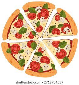 Flat vector illustration of pizza slices arranged in a circular shape in top view with tomatoes, mushrooms, basil leaves and melted cheese. Bright and balanced food illustration suitable for restaurant menus, pizzeria branding, food delivery apps, packaging design, posters, flyers, social media content, websites and culinary projects